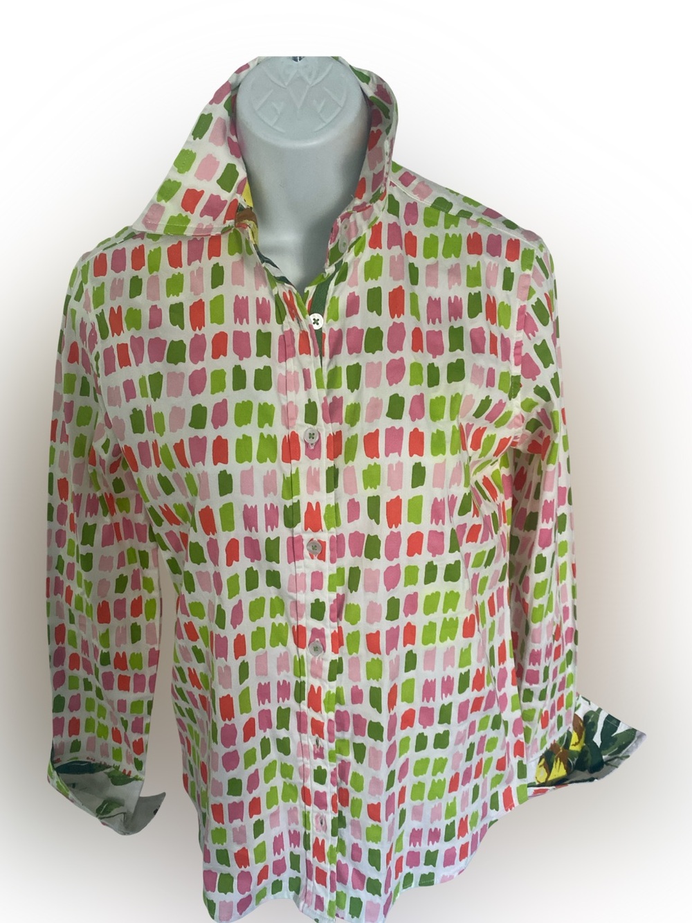 Tizzie Printed Button-Down Shirt - Pink & Green Brushstroke